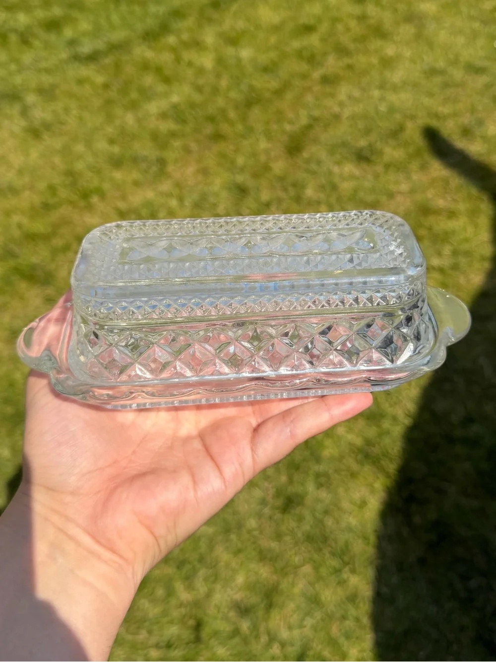 Anchor Hocking Wexford covered butter dish with small chip